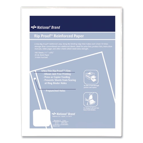 New Arrivals | National 20121 Rip Proof 3-Hole 8.5 in. x 11 in. Unruled Reinforced Filler Paper - White (100/Pack) image number 0