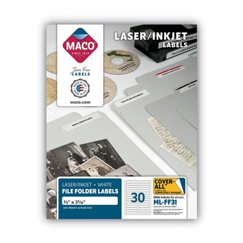 MACO MML-FF31 Cover-All Opaque  0.66 in. x 3.44 in. Inkjet/Laser File Folder Labels - White (50 Sheets/Box, 30 Labels/Sheet)
