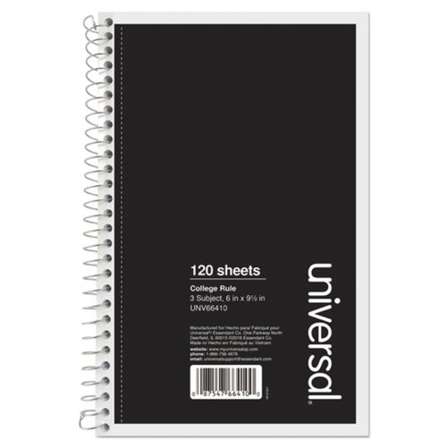 Universal UNV66410 Wirebound Medium/College Rule 3-Subject 9.5 in. x 6 in. 120-Sheet Notebook - Black image number 0