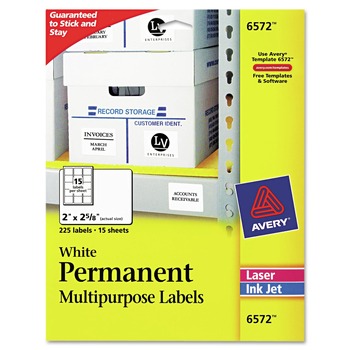 Avery 06572 2 in. x 2.63 in. Permanent ID Labels with Sure Feed Technology for Inkjet/Laser Printers - White (15 Sheets/Pack, 15/Sheet)