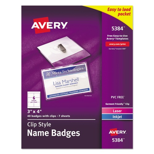 Avery 05384 4 in. x 3 in. Top Load Clip-Style Name Badge Holder with Laser/Inkjet Insert - White (40-Piece/Box) image number 0