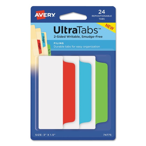Avery 74775 Ultra Tabs 1/5-Cut 3 in. Repositionable Wide Tabs - Assorted Primary Colors (24/Pack) image number 0