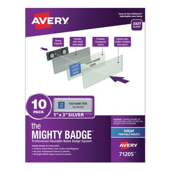 Avery 71205 The Mighty Badge 1 in. x 3 in. Magnetic Name Badge Holder Kit - Silver/Clear (10/Pack)