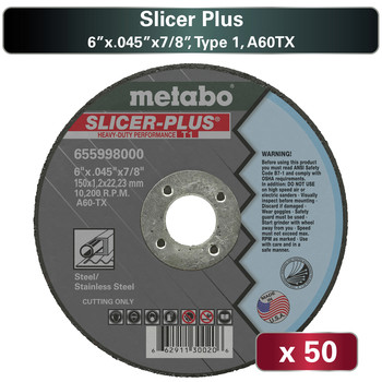 Metabo US655998050 50-Piece A60TX Slicer Plus T1 6 in. x 0.45 in. x 7/8 in. Cutting Wheel Pack