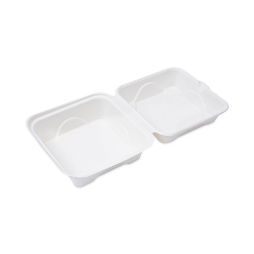 Eco-Products EP-HC6 6 in. x 6 in. x 3 in. Renewable and Compostable Sugarcane Clamshell Containers - White 10 Packs/Carton, 50/Pack image number 0