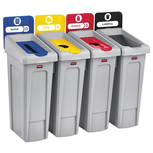 Waste Cans | Rubbermaid Commercial 2007919 Slim Jim 92 gal. 4 Stream Landfill/Paper/Plastic/Cans Recycling Station Kit - Gray image number 0
