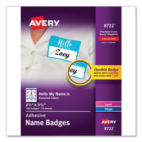  | Avery 08722 Flexible 3-3/8 in. x 2-1/3 in. "Hello" Adhesive Name Badge Labels - Assorted (120-Piece/Pack) image number 0