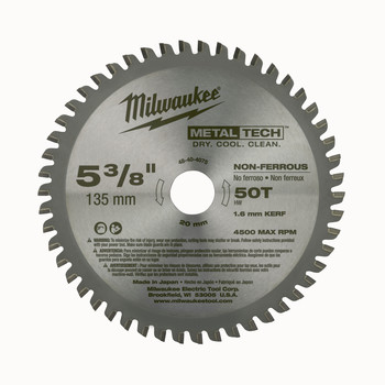 Milwaukee 48-40-4075 5-3/8 in. MetalTech Non-Ferrous Circular Saw Blade (50 Tooth) Milwaukee 48-40-4075 5-3/8 in. MetalTech Non-Ferrous Circular Saw Blade (50 Tooth)