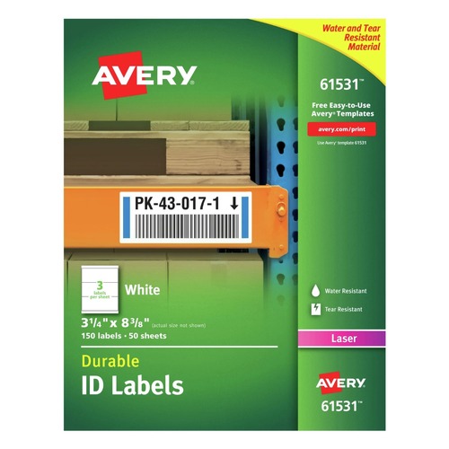  | Avery 61531 Durable Laser Printer 3.25 in. x 8.38 in. Permanent ID Labels with TrueBlock Technology - White (3-Piece/Sheet 50-Sheet/Pack) image number 0