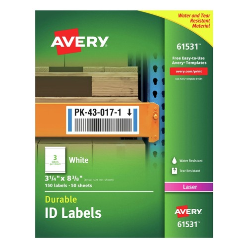  | Avery 61531 Durable Laser Printer 3.25 in. x 8.38 in. Permanent ID Labels with TrueBlock Technology - White (3-Piece/Sheet 50-Sheet/Pack) image number 0