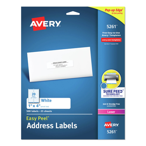 New Arrivals | Avery 05261 Sure Feed 1 in. x 4 in. Easy Peel Address Labels - White (25 Sheets/Pack, 20/Sheet) image number 0
