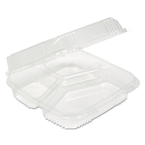 Pactiv Corp. YCI811230000 Clearview 3 Compartment 5 oz. Hinged Lid Food Containers - Clear (200/Carton) image number 0