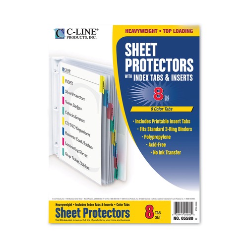C-Line 05580 2 in. Sheet Capacity 8.5 in. x 11 in. Sheet Protectors with Index Tabs - Assorted Colors (8/Set) image number 0