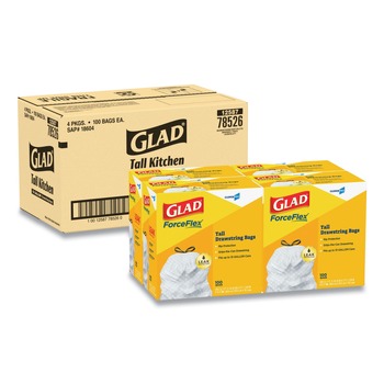 TRASH BAGS | Glad 78526 Tall 13 gal. 24 in. x 27.38 in. Kitchen Drawstring Trash Bags - Gray (100 Bags/Box, 4 Boxes/Carton)