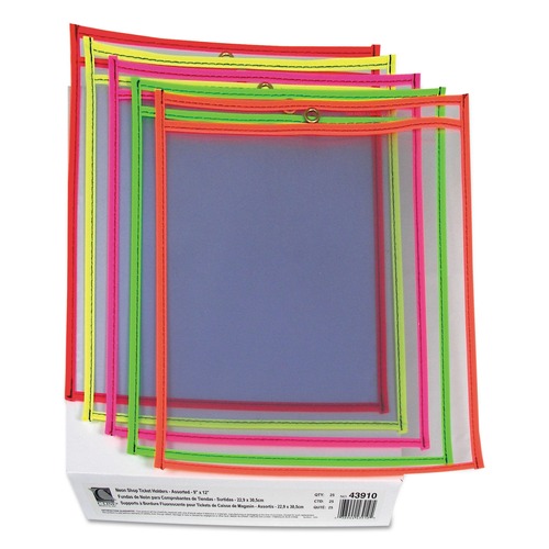 C-Line 43910 75 in. Assorted 5 Colors 9 in. x 12 in. Stitched Shop Ticket Holders - Neon  (25/Box) image number 0
