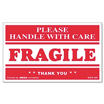 Universal UNV308383 Printed Message Self-Adhesive 3 in. x 5 in. 'FRAGILE Handle with Care' Shipping Labels - Red/Clear (500-Piece/Roll)