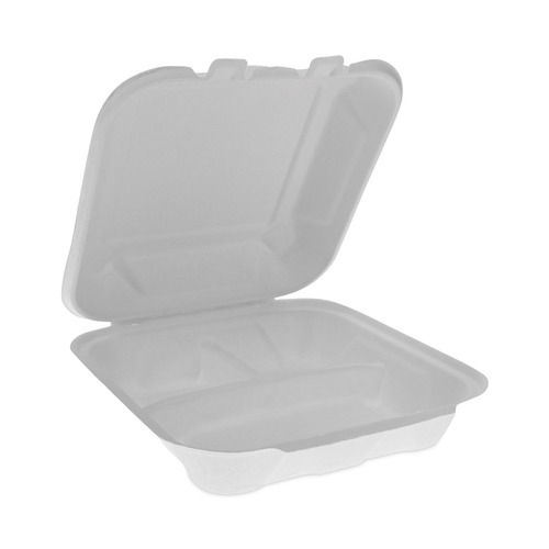 Pactiv Corp. YMCH08030001 EarthChoice 7.8 in. x 7.8 in. x 2.8 in. 3-Compartment, Dual-Tab Lock, Bagasse Hinged Lid Container - Natural (150/Carton) image number 0