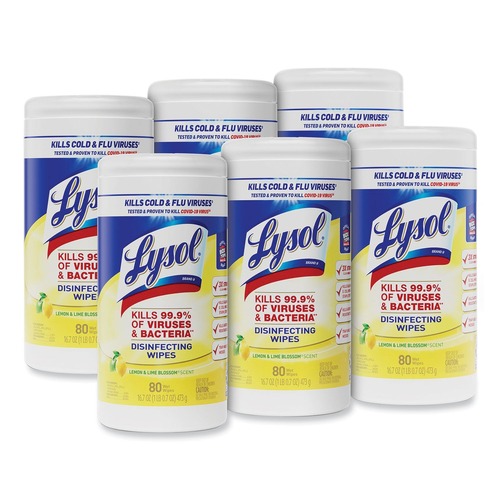 Cleaning Supplies | LYSOL Brand 19200-77182 7 in. x 7.25 in. Disinfecting Wipes - Lemon/Lime Blossom (6 Canisters/Carton, 80 Wipes/Canister) image number 0