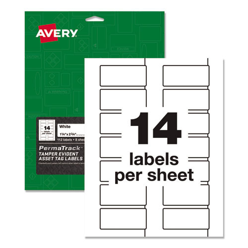  | Avery 60536 PermaTrack Tamper Evident Asset Tag Labels - White (14 Labels/Sheet, 8 Sheets/Pack) image number 0