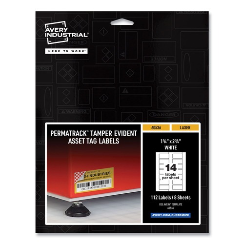  | Avery 60536 PermaTrack Tamper Evident Asset Tag Labels - White (14 Labels/Sheet, 8 Sheets/Pack) image number 0