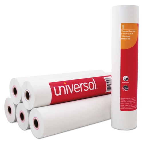 Universal UNV35758 8.5 in. x 98 ft., 0.5 in. Core, Direct Thermal Printing Fax Paper Rolls - White (6/Carton) image number 0