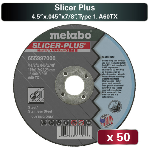 Metabo US655997050 50-Piece A60TX Slicer Plus T1 4.5 in. x 0.45 in, x 7/8 in. Cutting Wheel Pack image number 0