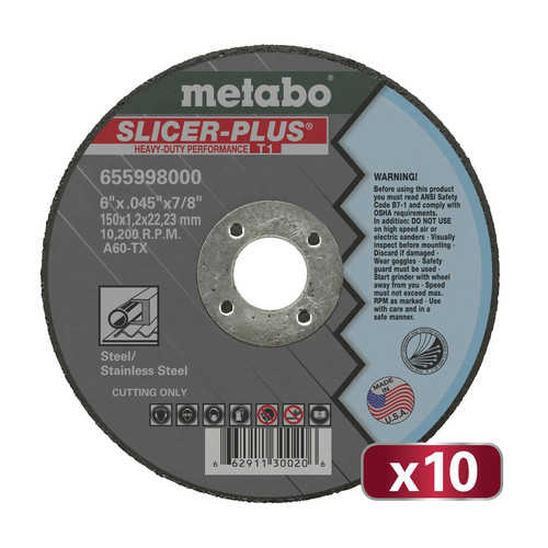 Metabo US655998010 10-Piece SLICER PLUS A60TX 6 in. x .045 in. x 7/8 in. Cutting Wheel Set image number 0