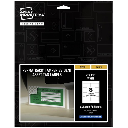  | Avery 60538 PermaTrack 2 in. x 3.75 in. Tamper-Evident Asset Tag Labels - White (8-Piece/Sheet 8-Sheet/Pack) image number 0