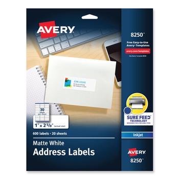 Avery 08250 1 in. x 2-5/8 in. Vibrant Inkjet Color-Print Labels with Sure Feed - Matte White (600-Piece/Pack)