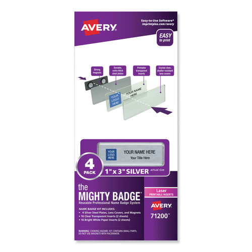 Avery 71200 The Mighty Badge 1 in. x 3 in. Laser Printable Inserts Reusable Professional Name Badge System - Silver (4/Pack) image number 0
