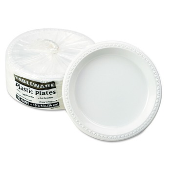 Tablemate 10644WH Plastic Dinnerware, Plates, 10.25-in Dia, White, 125/pack