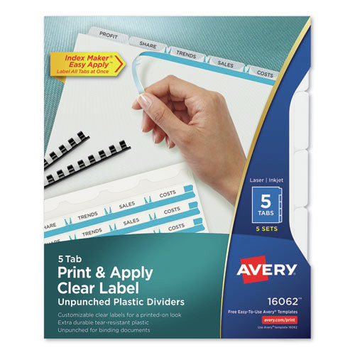 Avery 16062 Print And Apply Index Maker Clear Label Unpunched Dividers With Printable Label Strip, 5-Tab, 11 X 8.5, Clear, 5 Sets image number 0