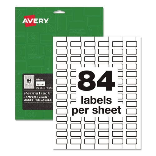 Avery 60534 PermaTrack Tamper-Evident 0.5 in. x 1 in. Laser Printer Asset Tag Labels - White (84-Piece/Sheet 8-Sheet/Pack) image number 0