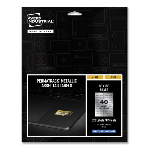 Avery 61523 PermaTrack Metallic 0.75 in. x 1.5 in. Asset Tag Labels - Metallic Silver (8 Sheets/Pack, 40/Sheet ) image number 0