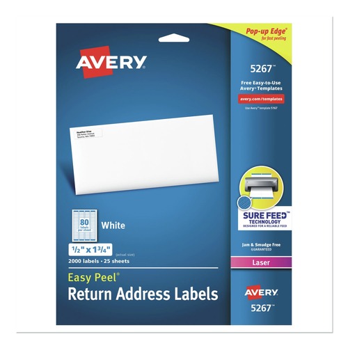 New Arrivals | Avery 05267 Easy Peel Laser Printer 0.5 in. x 1.75 in. Address Labels with Sure Feed Technology - White (25-Sheet/Pack 80-Piece/Sheet) image number 0