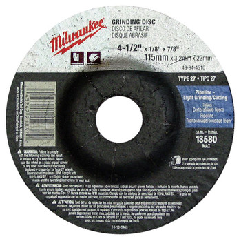 Milwaukee 49-94-4510 4-1/2 in. Type 27 Grinding Wheel Milwaukee 49-94-4510 4-1/2 in. Type 27 Grinding Wheel