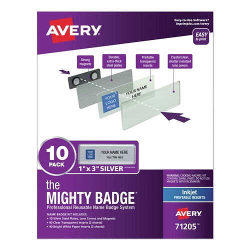 Avery 71205 The Mighty Badge 1 in. x 3 in. Magnetic Name Badge Holder Kit - Silver/Clear (10/Pack) image number 0