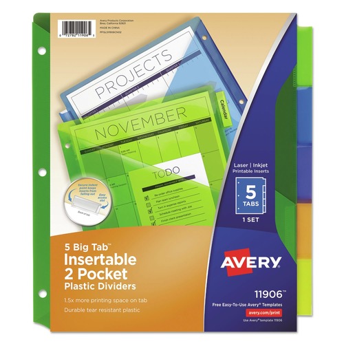 Avery 11906 Big Tab Two-Pocket 5-Tab Insertable Plastic Dividers - Multicolor (1-Set) image number 0