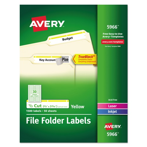 Avery 05966 TrueBlock 0.66 in. x 3.44 in. Permanent Adhesive File Folder Labels - White/Yellow (30-Piece/Sheet, 50 Sheets/Box) image number 0