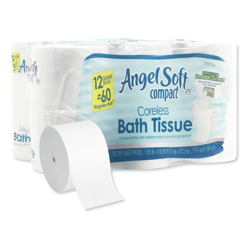 Toilet Paper | Georgia Pacific Professional 1937300 Angel Soft Compact 2-Ply Septic Safe Coreless Bathroom Tissues - White (750 Sheets/Roll, 12 Rolls/Carton) image number 0