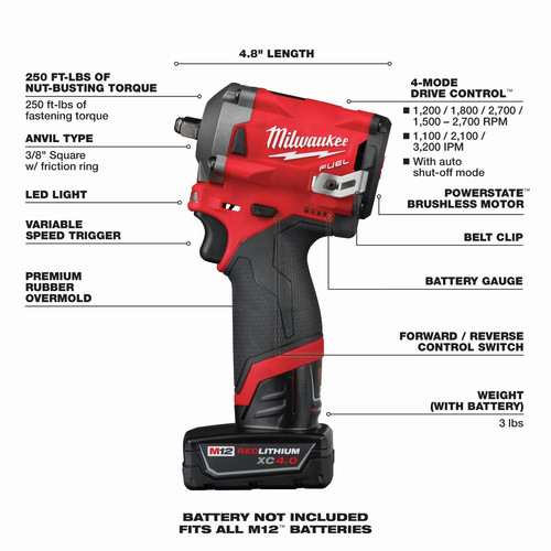 Milwaukee 255422 M12 FUEL Stubby 38 in. Impact Wrench Kit