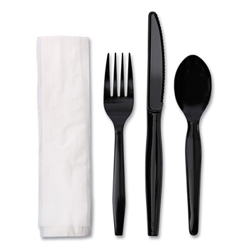 FOOD SERVICE | Boardwalk BWKFKTNMWPSBLA 4-Piece Fork/Knife/Napkin/Teaspoon Cutlery Kit - Black250/Carton