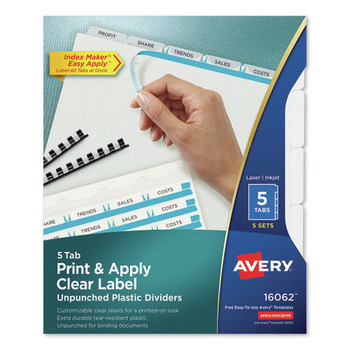 Avery 16062 Print And Apply Index Maker Clear Label Unpunched Dividers With Printable Label Strip, 5-Tab, 11 X 8.5, Clear, 5 Sets