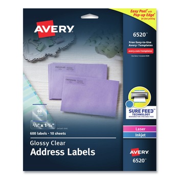 Avery 06520 Easy Peel 0.66 in. x 1.75 in. Mailing Labels with Sure Feed Technology - Glossy Clear (10 Sheets/Pack, 60/Sheet)