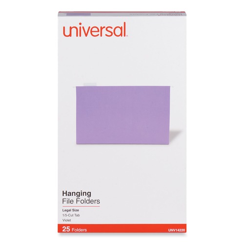 Universal UNV14220 Deluxe Bright Color Legal Size 1/5-Cut Tab Hanging File Folders - Violet (25-Piece/Box) image number 0
