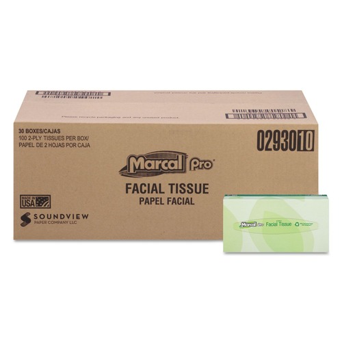 New Arrivals | Marcal PRO 2930 Septic Safe, 2-Ply, 100% Recycled Convenience Pack Facial Tissue - White (100 Sheets/Box, 30 Boxes/Carton) image number 0