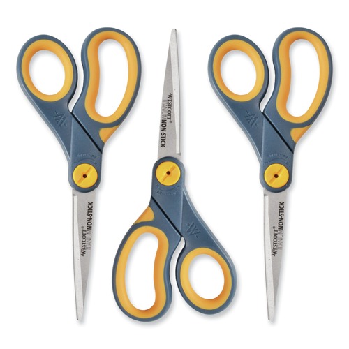 Westcott 15454 Non-Stick Titanium Bonded Scissors, 8-in Long, 3.25-in Cut Length, Gray/yellow Straight Handles, 3/pack image number 0