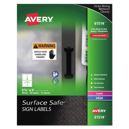  | Avery 61514 Surface Safe 3.5 in. x 5 in. Removable Safety Sign Labels - White (4-Piece/Sheet 15-Sheet/Pack) image number 0