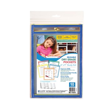 C-Line 41610 6 in. x 9 in. Reusable Dry Erase Pockets - Assorted Primary Colors (10/Pack)