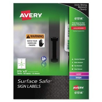 Avery 61514 Surface Safe 3.5 in. x 5 in. Removable Safety Sign Labels - White (4-Piece/Sheet 15-Sheet/Pack)
